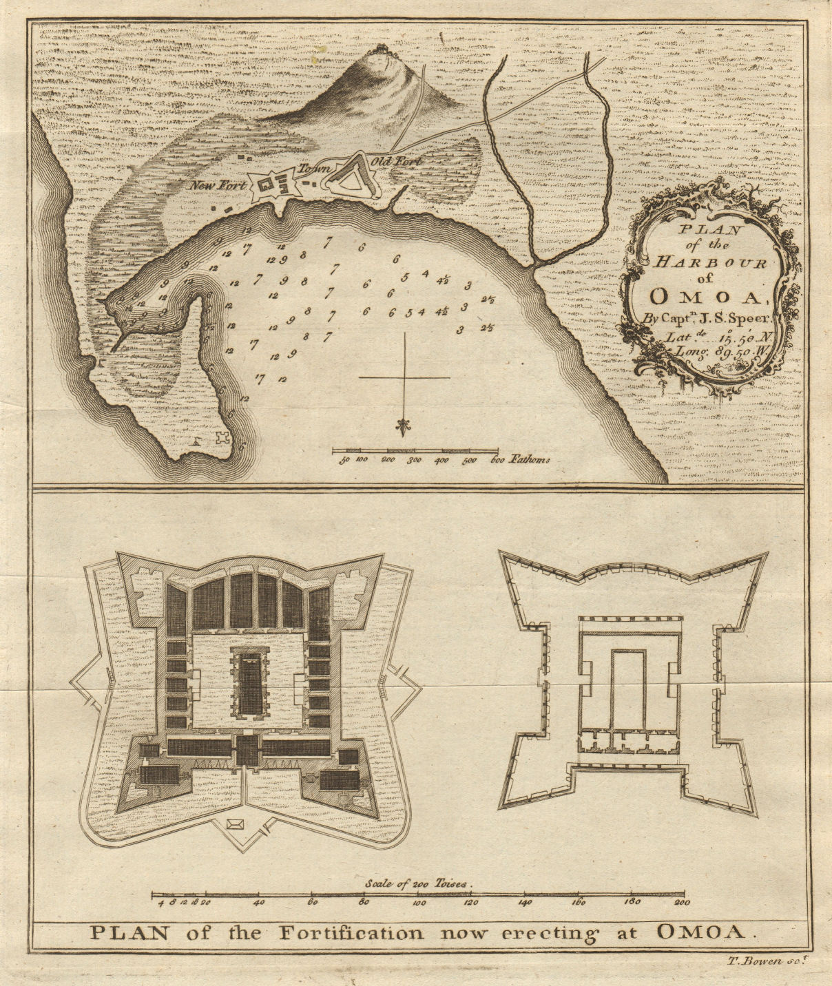 Fortress & harbour of San Fernando de Omoa, Honduras. BOWEN 1780 old map