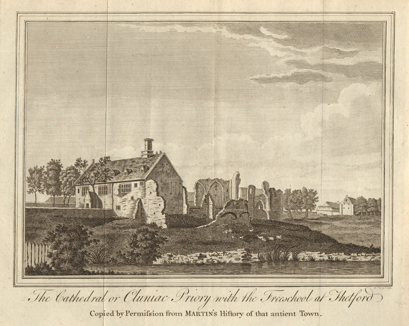 The Cathedral or Cluniac Priory with the Freeschool at Thetford, Norfolk 1780