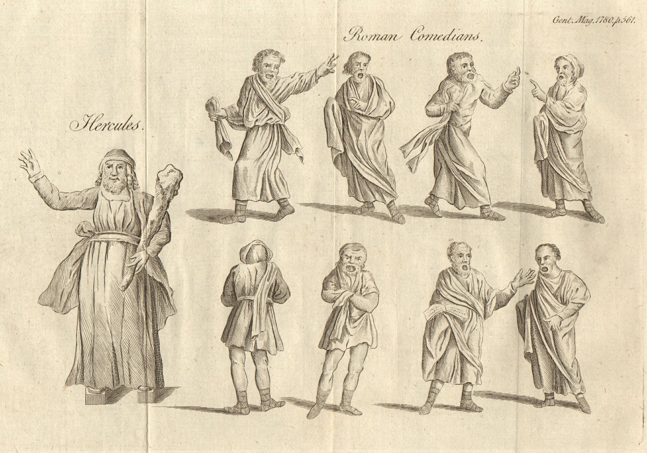Hercules. Roman comedians. Classics. Performing Arts 1780 old antique print