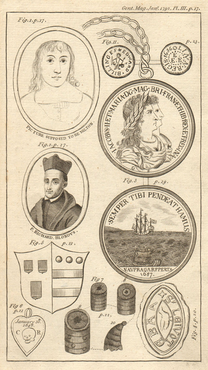Associate Product Milton. Richard Blond. James II. Lewote Baa. James Hayes. Charles I 1792 print