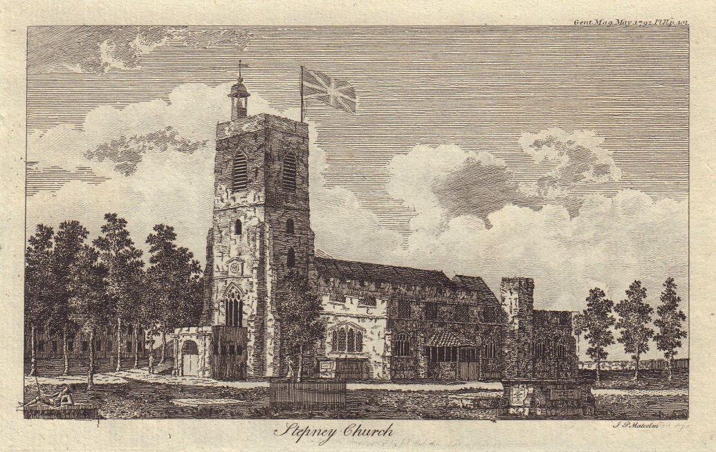 Associate Product Stepney church. St Dunstan's church. London 1792 old antique print picture