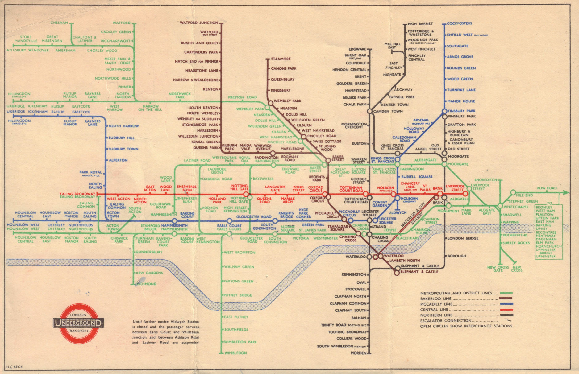 Associate Product LONDON UNDERGROUND tube map plan. Addison/Uxbridge Rd - Middle Circle. BECK 1945
