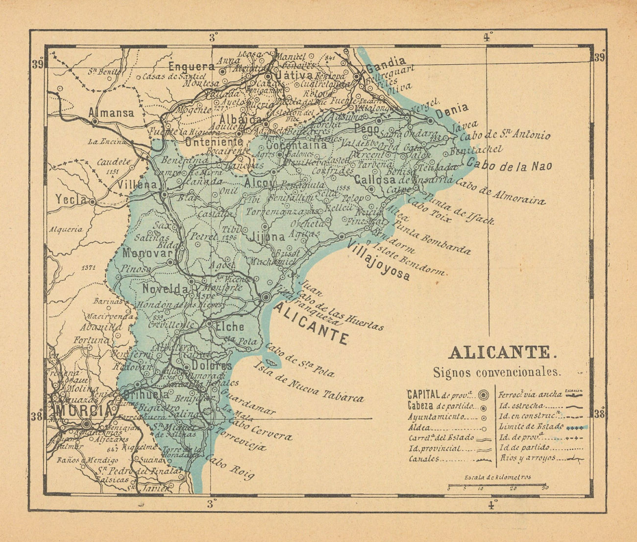 ALICANTE. Alacant. Comunitat/Comunidad Valenciana. Mapa antiguo provincia 1914