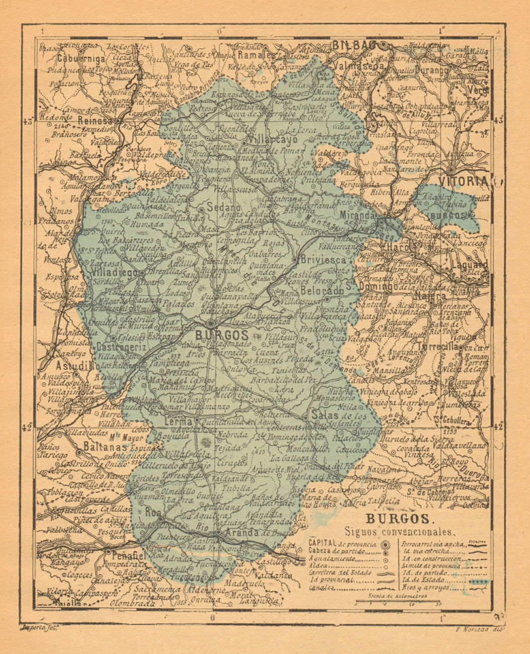 BURGOS. Castilla y León. Mapa antiguo de la provincia 1914 old antique