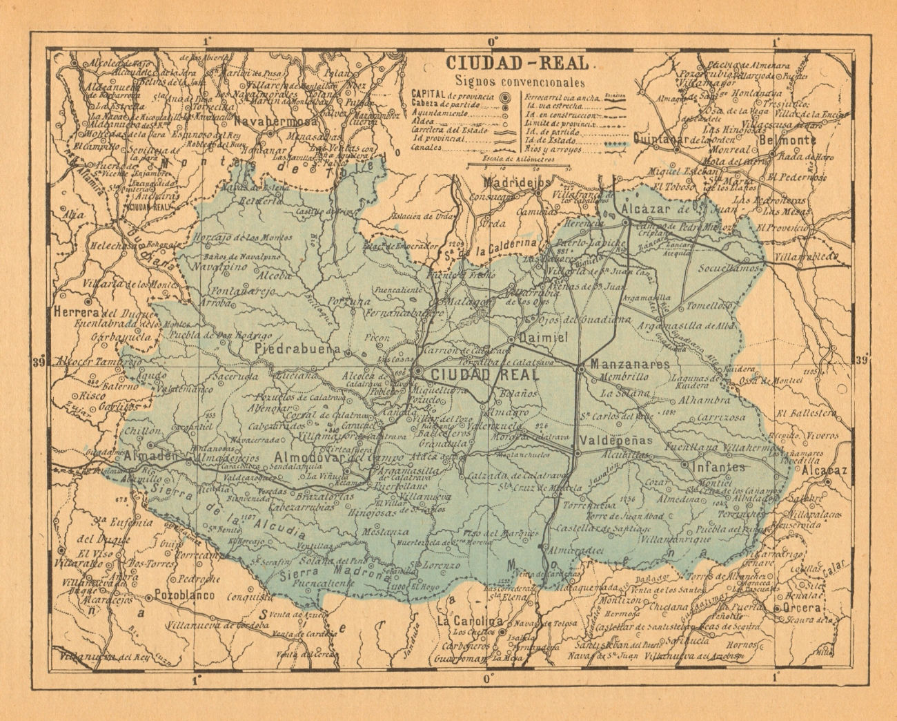 CIUDAD REAL. Castilla-La Mancha. Mapa antiguo de la provincia 1914 old