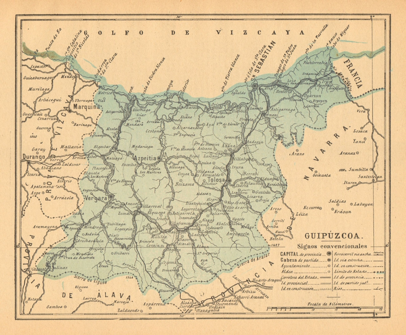 GIPUZKOA GUIPÚZCOA San Sebastián Donostia Euskadi. Mapa antiguo provincia 1914