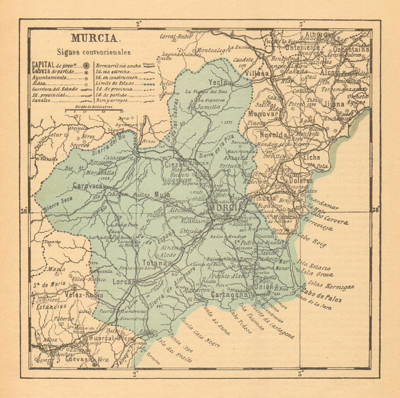 MURCIA. Region of Murcia. Mapa antiguo de la provincia 1914 old antique