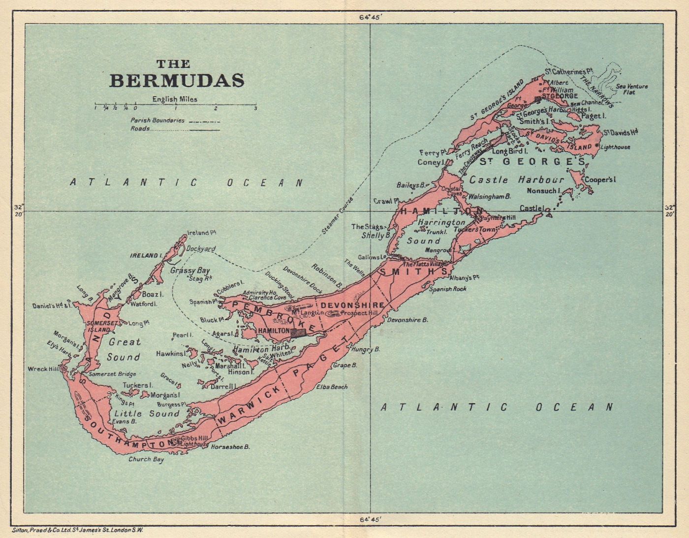 THE BERMUDAS. Vintage map. Bermuda 1923 old vintage plan chart
