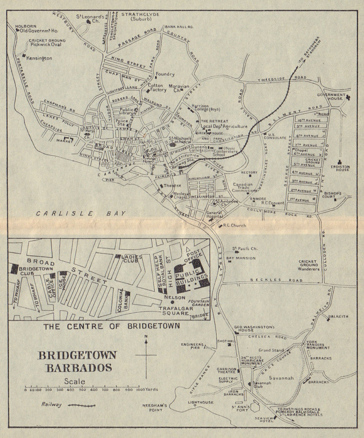 BRIDGETOWN. Vintage town map. Barbados. West Indies. Caribbean 1923 old