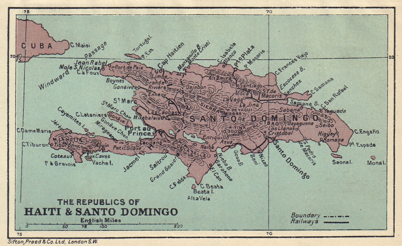 HISPANIOLA. Haiti & Santo Domingo (Dominican Republic) Vintage map 1923