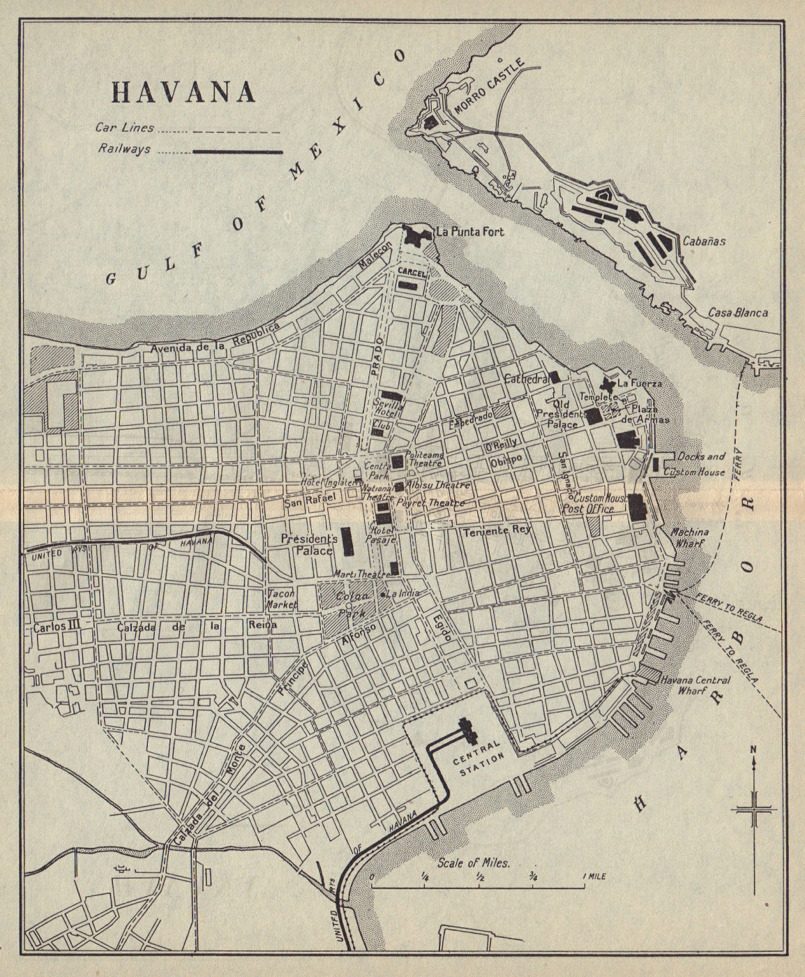 HAVANA. Vintage town plan. Railways & streetcar lines. Cuba. Caribbean 1923 map
