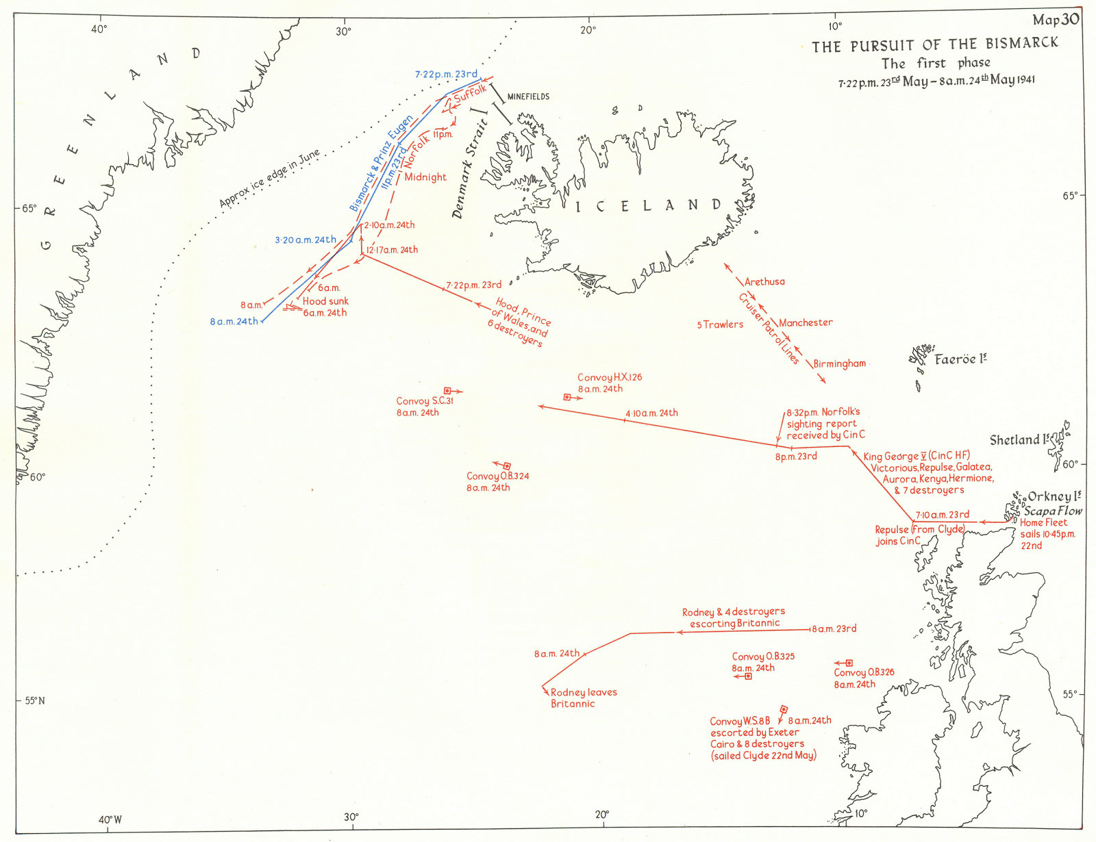 ICELAND. Pursuit of Bismarck 1st phase 7 22 pm 23rd May-8 am 24th 1941 1954 map