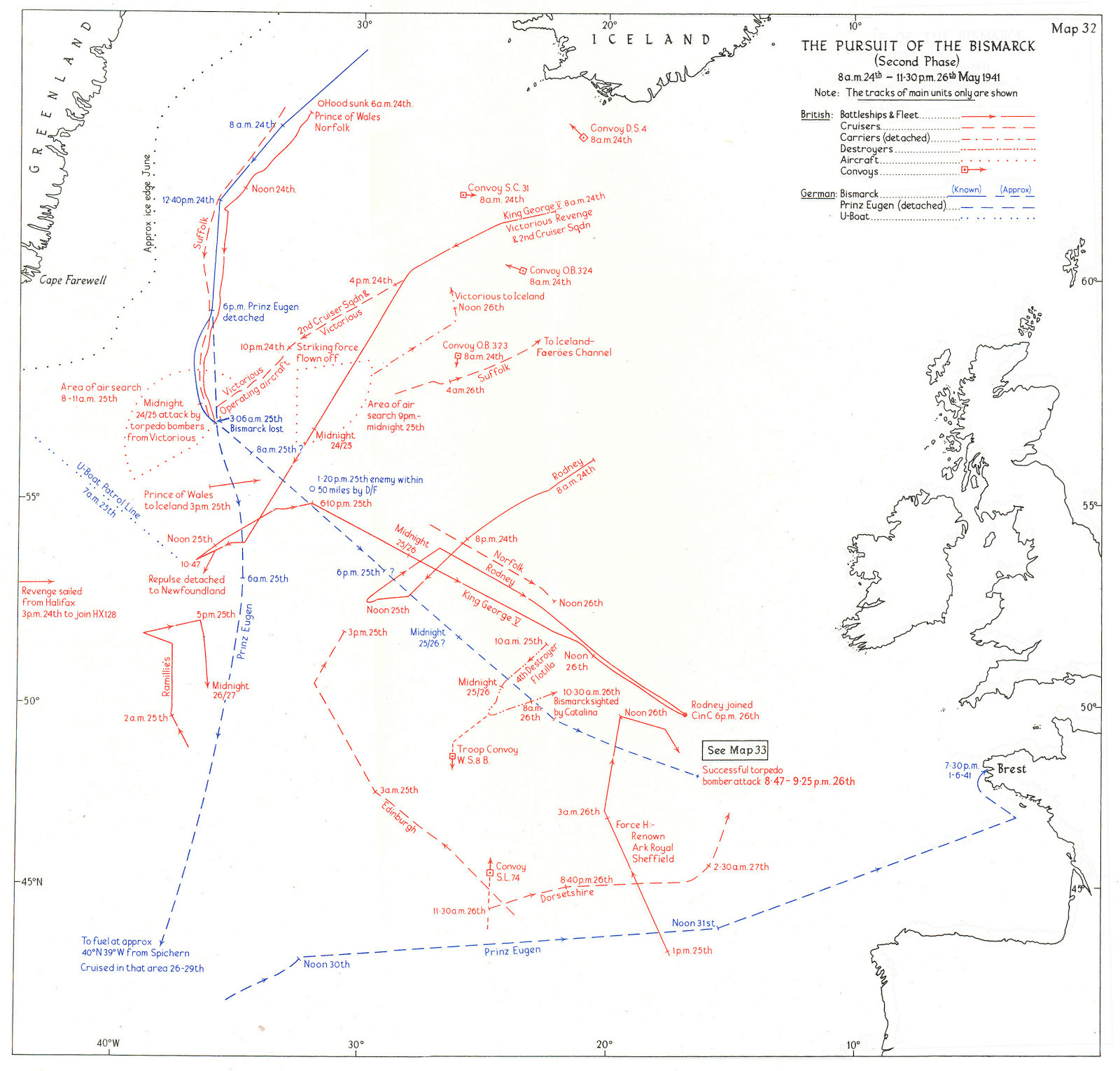 Associate Product ATLANTIC. Pursuit of Bismarck 8 am 24th-11 30 pm 26th May 1941 1954 old map