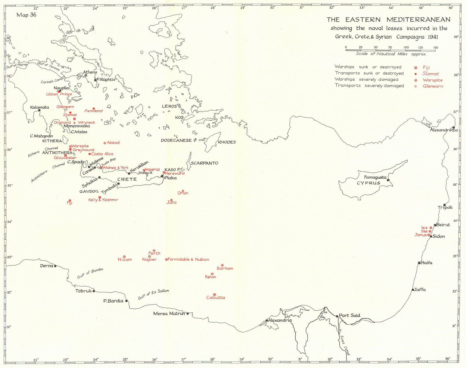 EASTERN MEDITERRANEAN. Naval losses, Greek, Crete Syria Campaigns 1941 1954 map