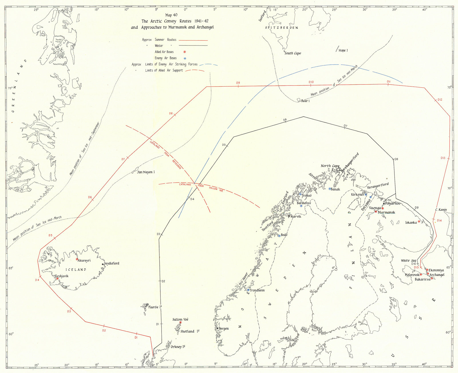 Associate Product ARCTIC CONVOY ROUTES. 1941-42 & Approaches to Murmansk & Archangel 1954 map