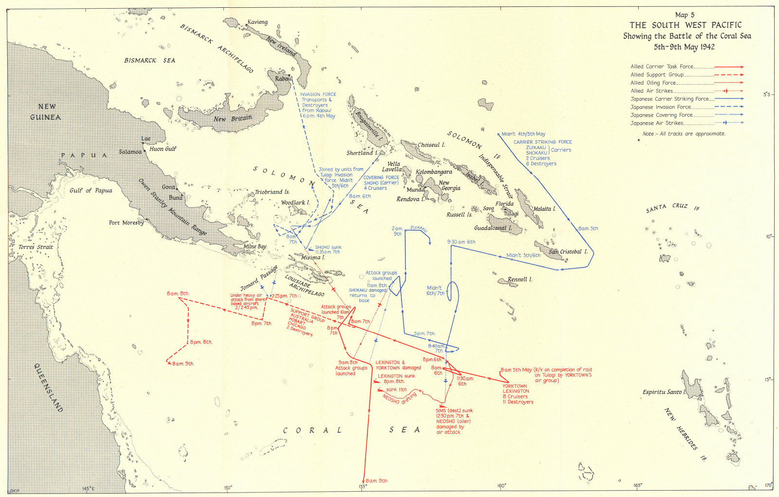 Associate Product SOUTH WEST PACIFIC. Battle of the Coral Sea 5th-9th May 1942 1956 old map