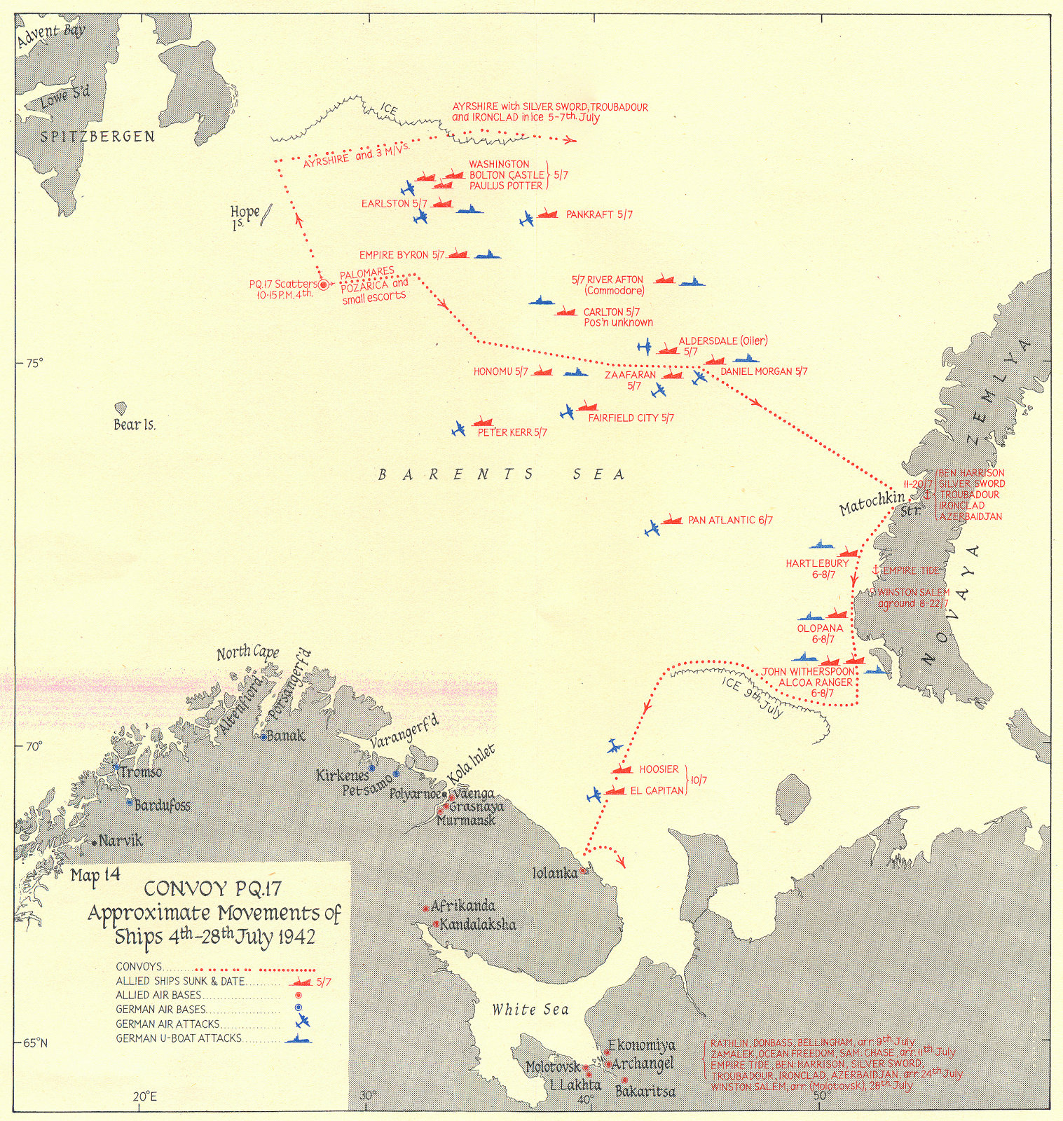 Associate Product ARCTIC. Convoy PQ 17 movements of ships 4th-28th July 1942 1956 old map