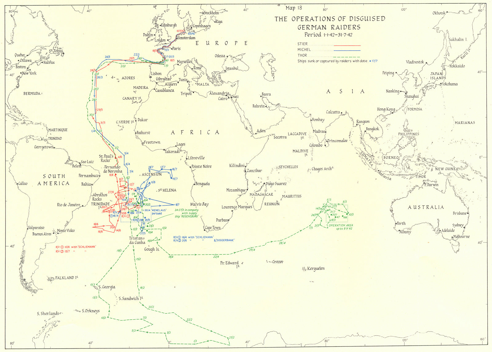 Associate Product OCEAN WARFARE. Jan-July 1942. Operations of disguised German raiders 1956 map