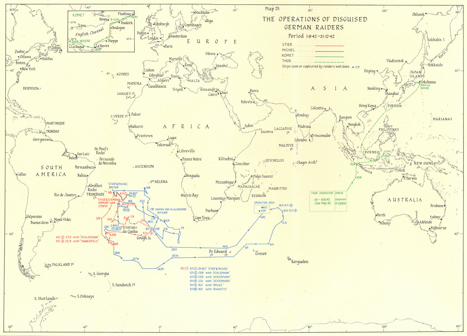 Associate Product WW2 NAVAL WARFARE. Aug-Dec 1942 Operations of disguised German Raiders 1956 map