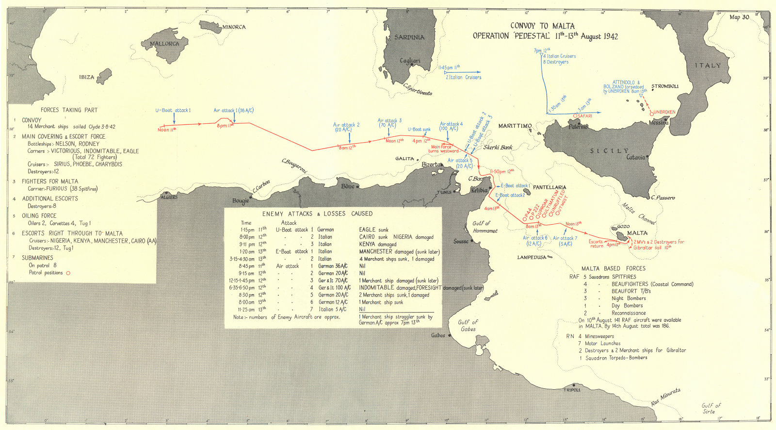 Associate Product MALTA. Convoy to Operation 'Pedestal' 11th-13th Aug 1942 1956 old vintage map