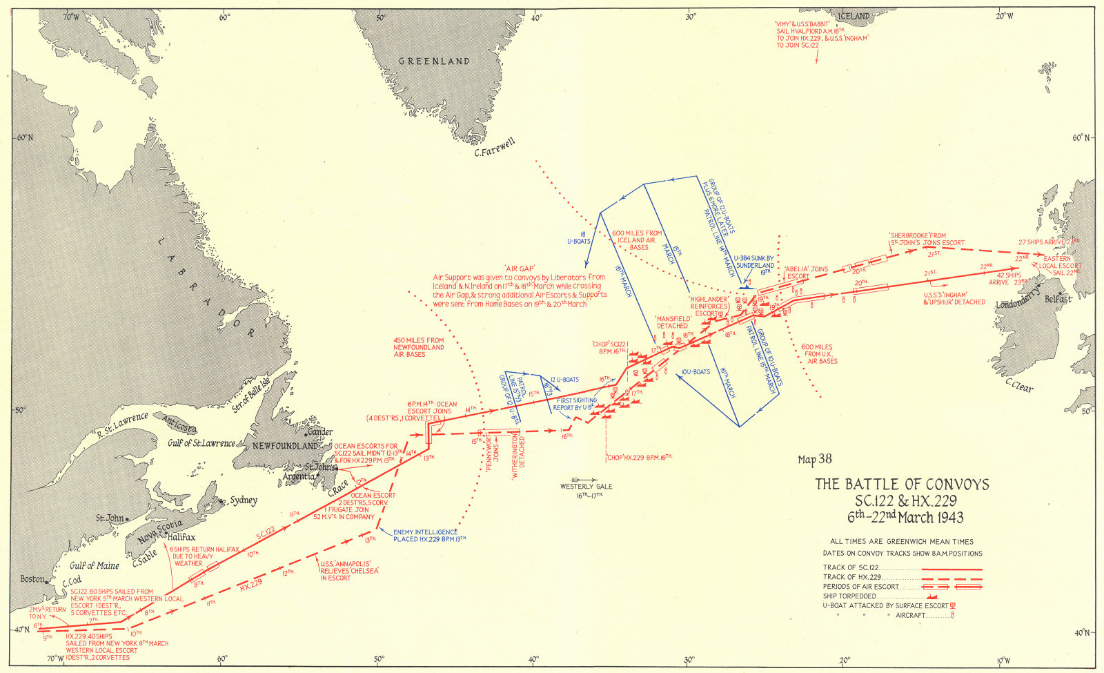 BATTLE OF THE ATLANTIC. Convoys SC 122 & HX 229 6th-22nd March 1943 1956 map