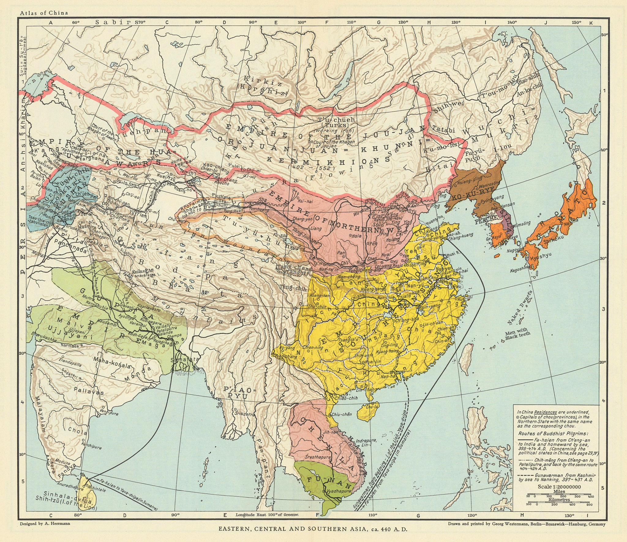 Asia c440 AD Kushan Gupta Empire Wei Sung Ko-Ku-Rye Yamato Silla China 1935 map