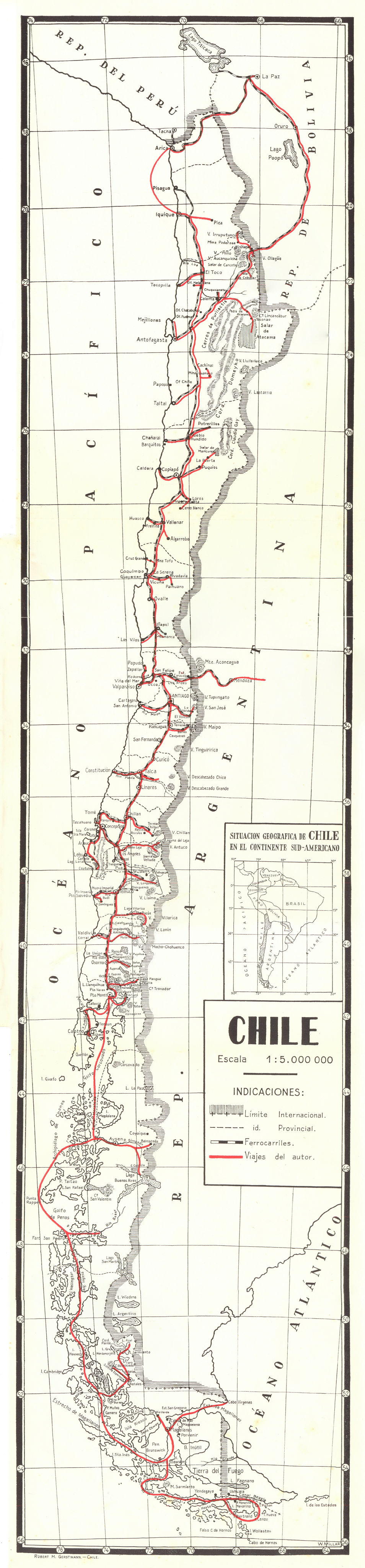 Associate Product Full length map of Chile. 88 x 20cm by Robert Gerstmann 1932 old vintage