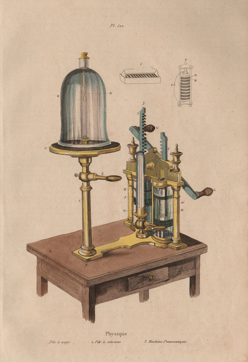 Associate Product PHYSICS. Physique (physical). Machine Pneumatique. Vacuum bell & pump 1833