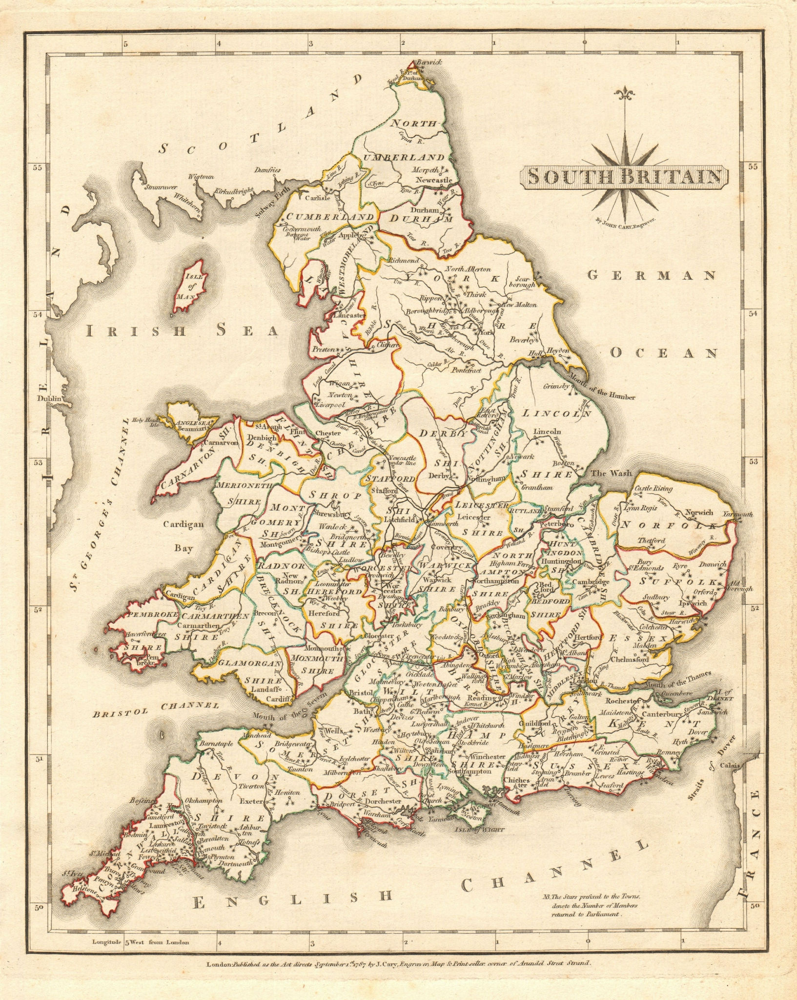 Antique map of SOUTH BRITAIN by JOHN CARY. Original outline colour 1787
