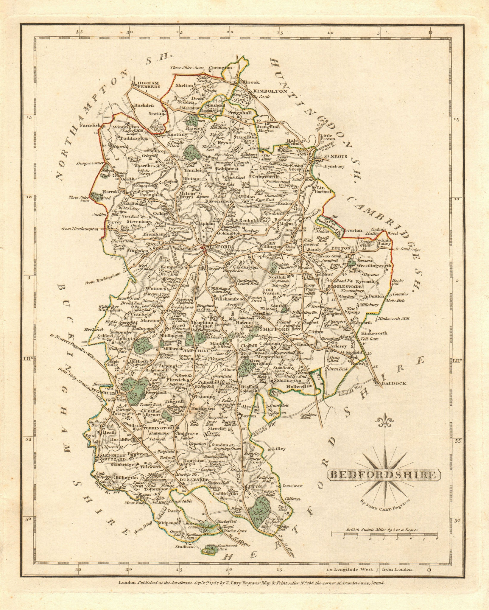 Associate Product Antique county map of BEDFORDSHIRE by JOHN CARY. Original outline colour 1787