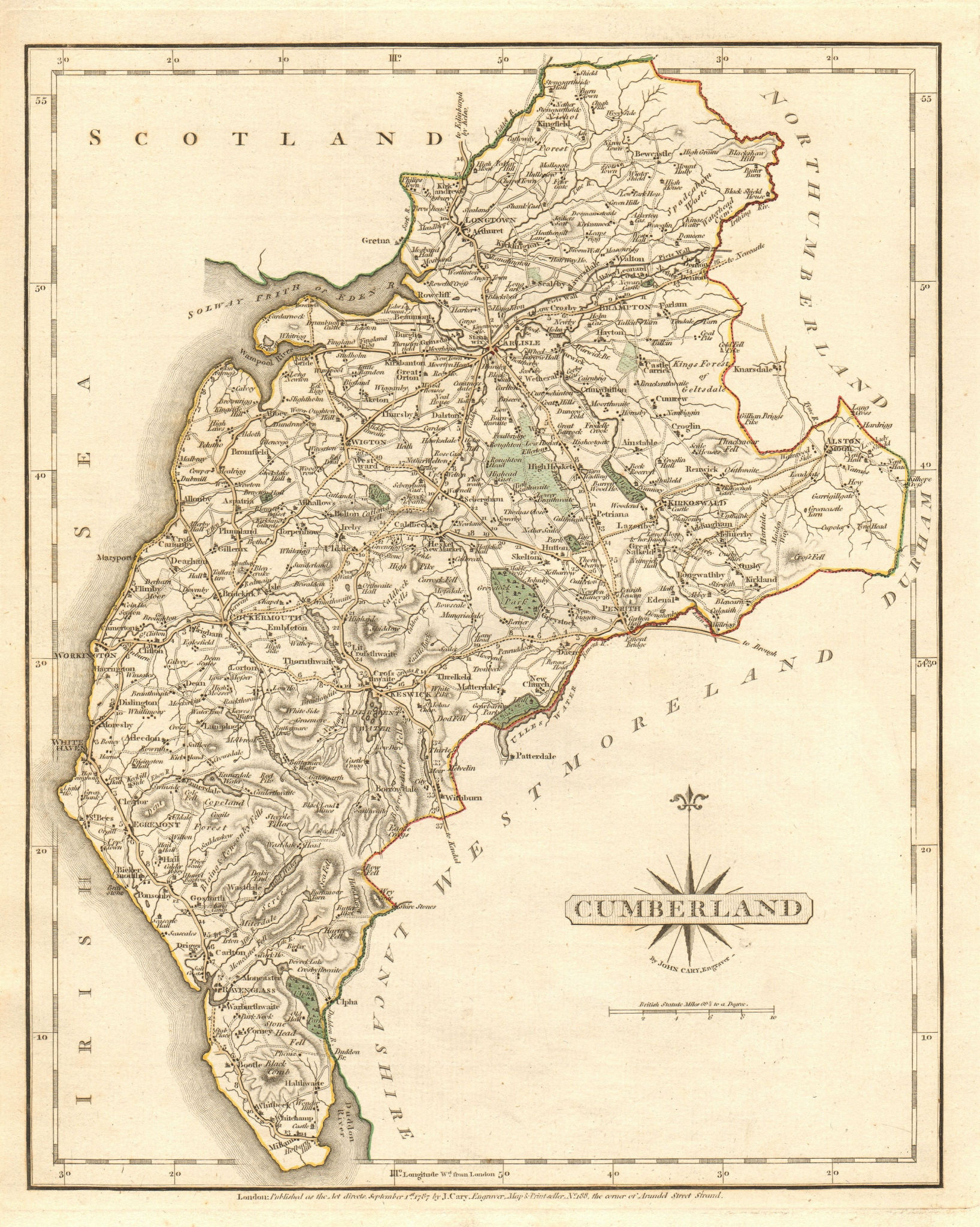Associate Product Antique county map of CUMBERLAND by JOHN CARY. Original outline colour 1787