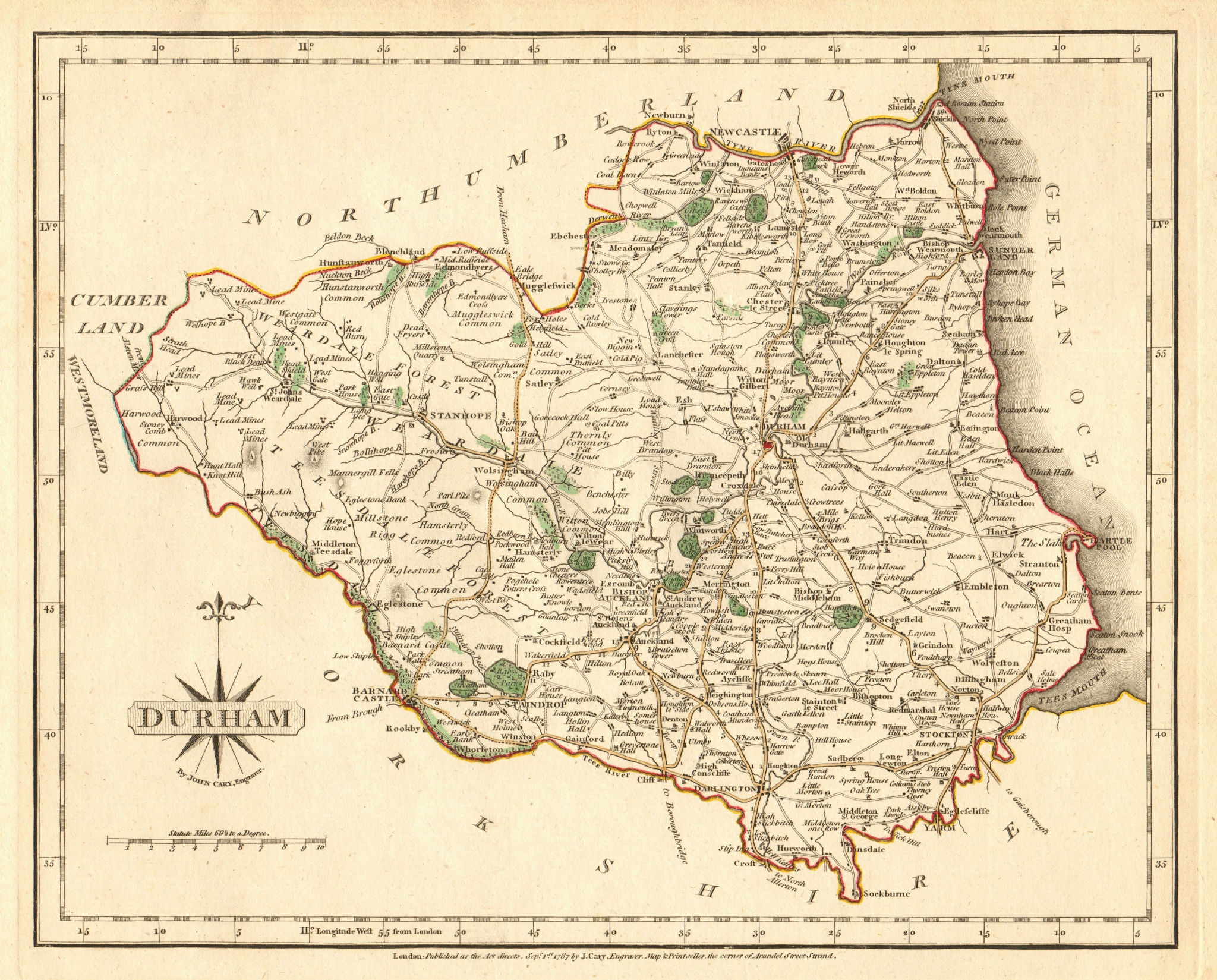 Associate Product Antique county map of DURHAM by JOHN CARY. Original outline colour 1787