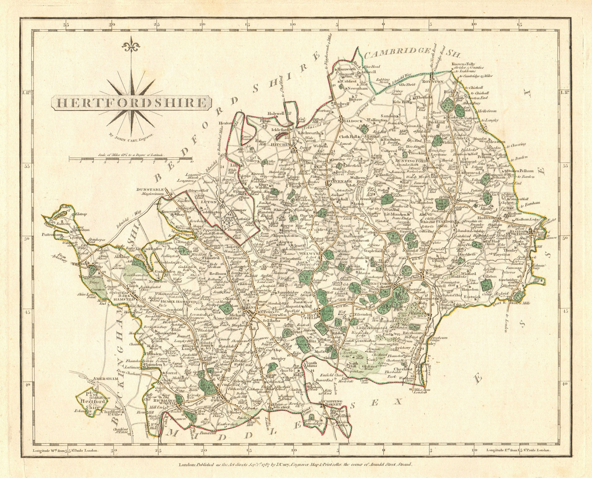 Associate Product Antique county map of HERTFORDSHIRE by JOHN CARY. Original outline colour 1787