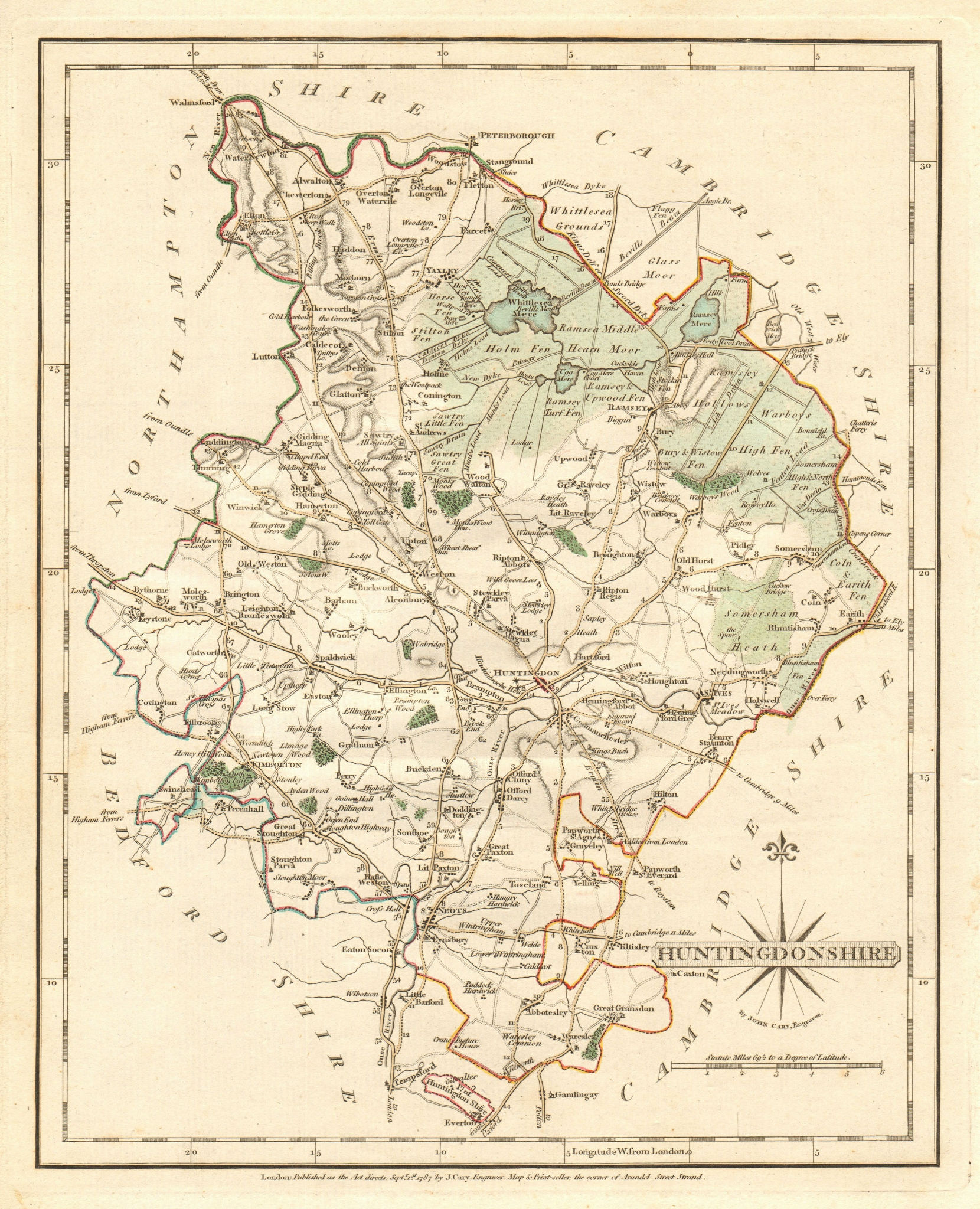 Associate Product Antique county map of HUNTINGDONSHIRE by JOHN CARY. Original outline colour 1787