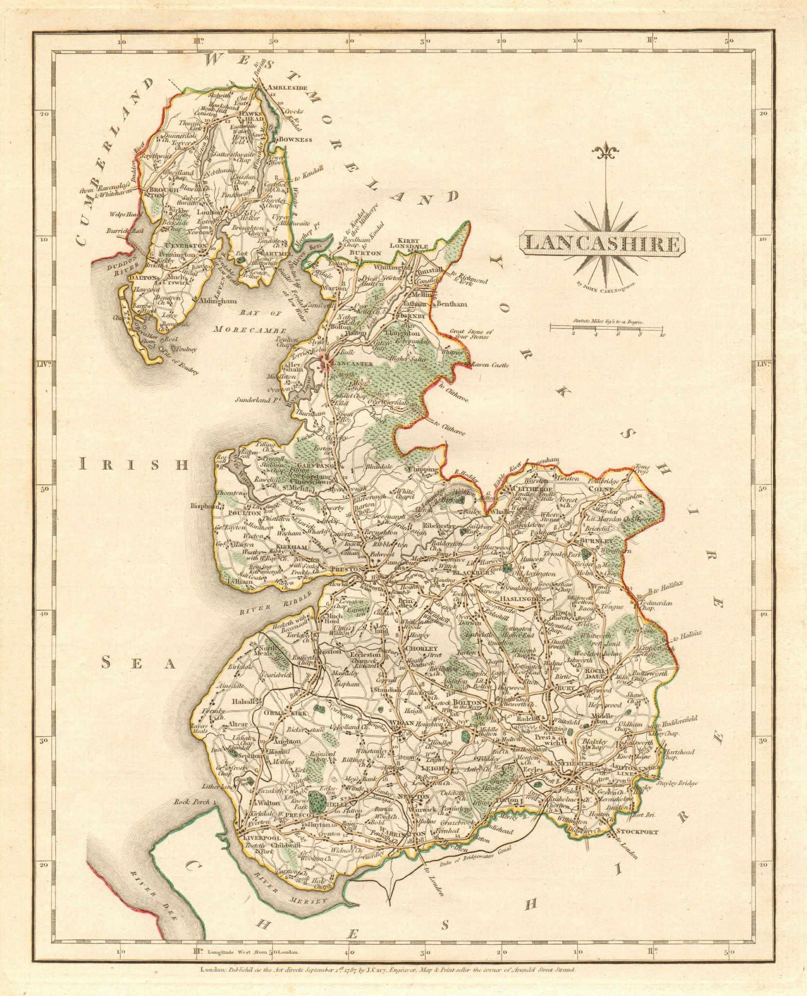 Antique county map of LANCASHIRE by JOHN CARY. Original outline colour 1787