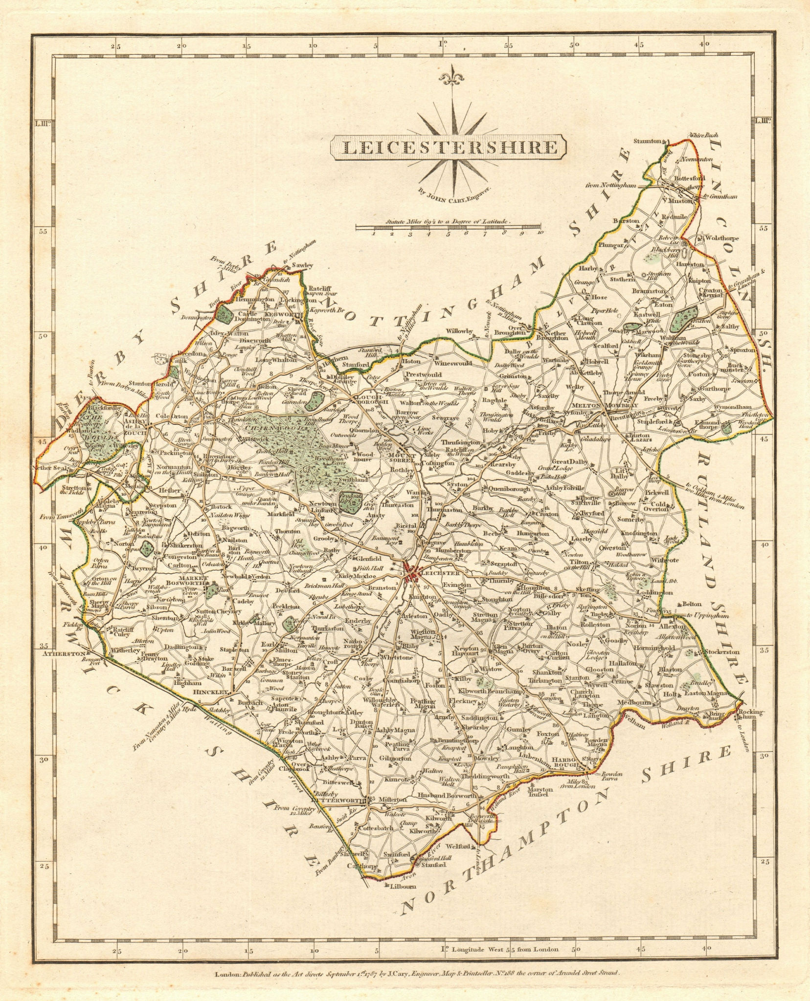 Associate Product Antique county map of LEICESTERSHIRE by JOHN CARY. Original outline colour 1787