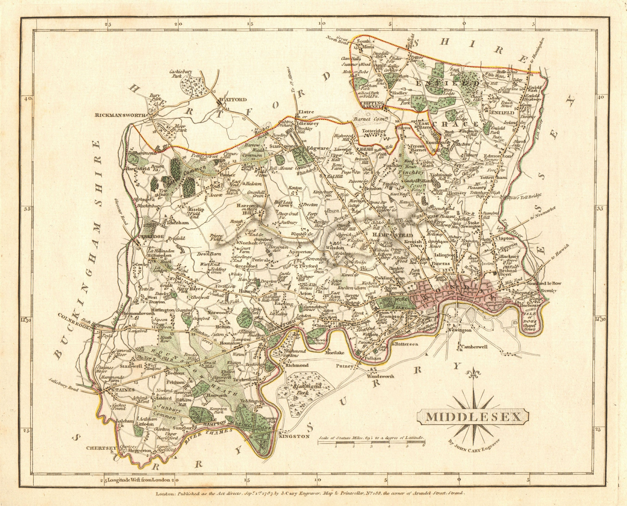 Associate Product Antique county map of MIDDLESEX by JOHN CARY. Original outline colour 1787