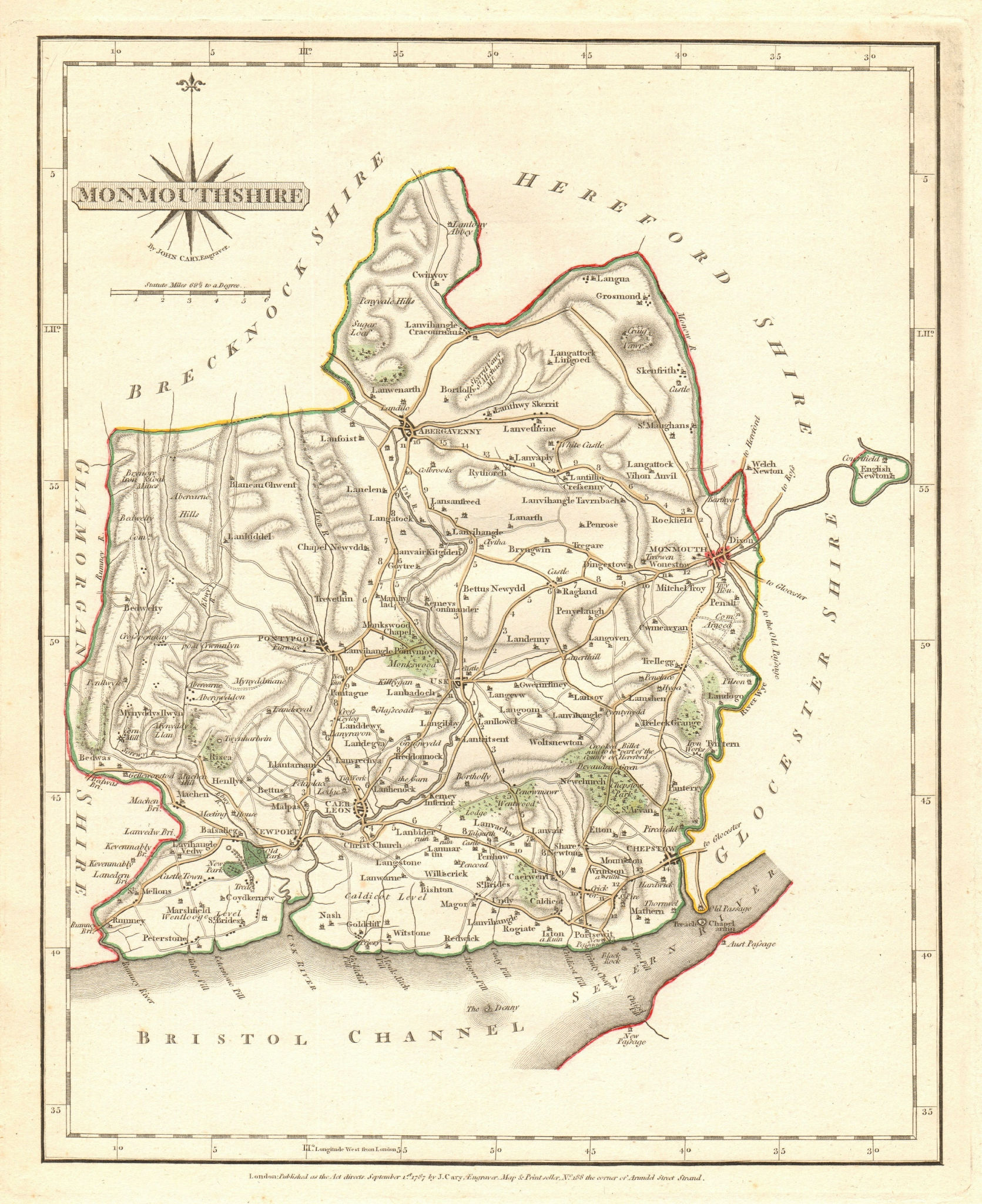 Associate Product Antique county map of MONMOUTHSHIRE by JOHN CARY. Original outline colour 1787