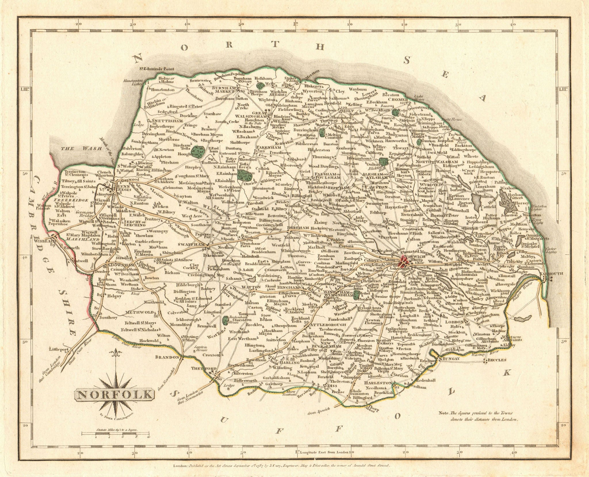 Antique county map of NORFOLK by JOHN CARY. Original outline colour 1787