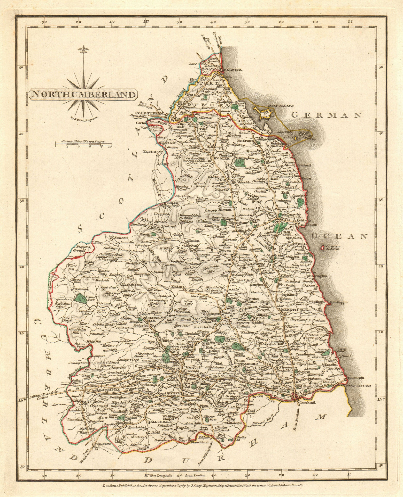 Associate Product Antique county map of NORTHUMBERLAND by JOHN CARY. Original outline colour 1787