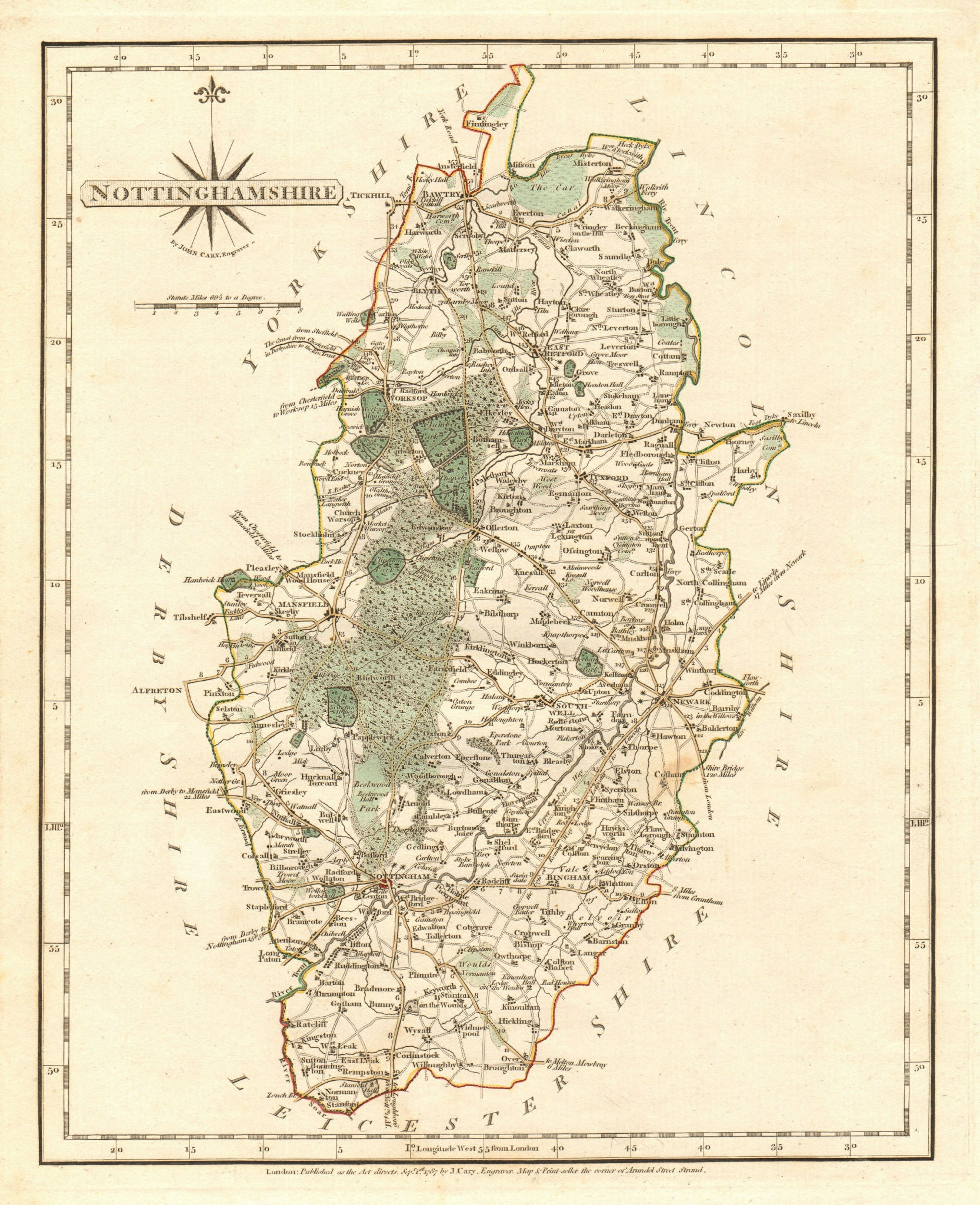 Associate Product Antique county map of NOTTINGHAMSHIRE by JOHN CARY. Original outline colour 1787