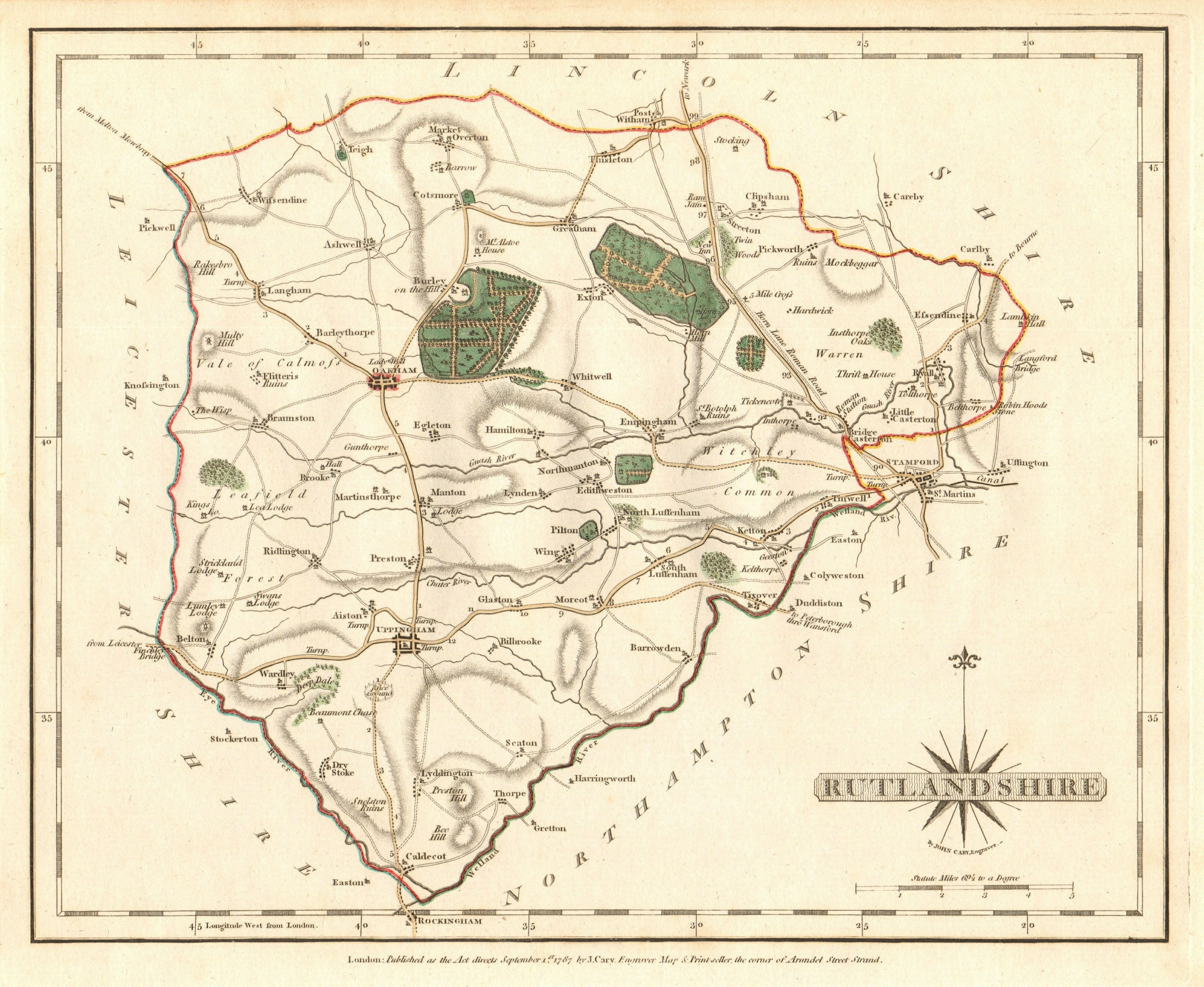 Associate Product Antique county map of RUTLANDSHIRE by JOHN CARY. Original outline colour 1787