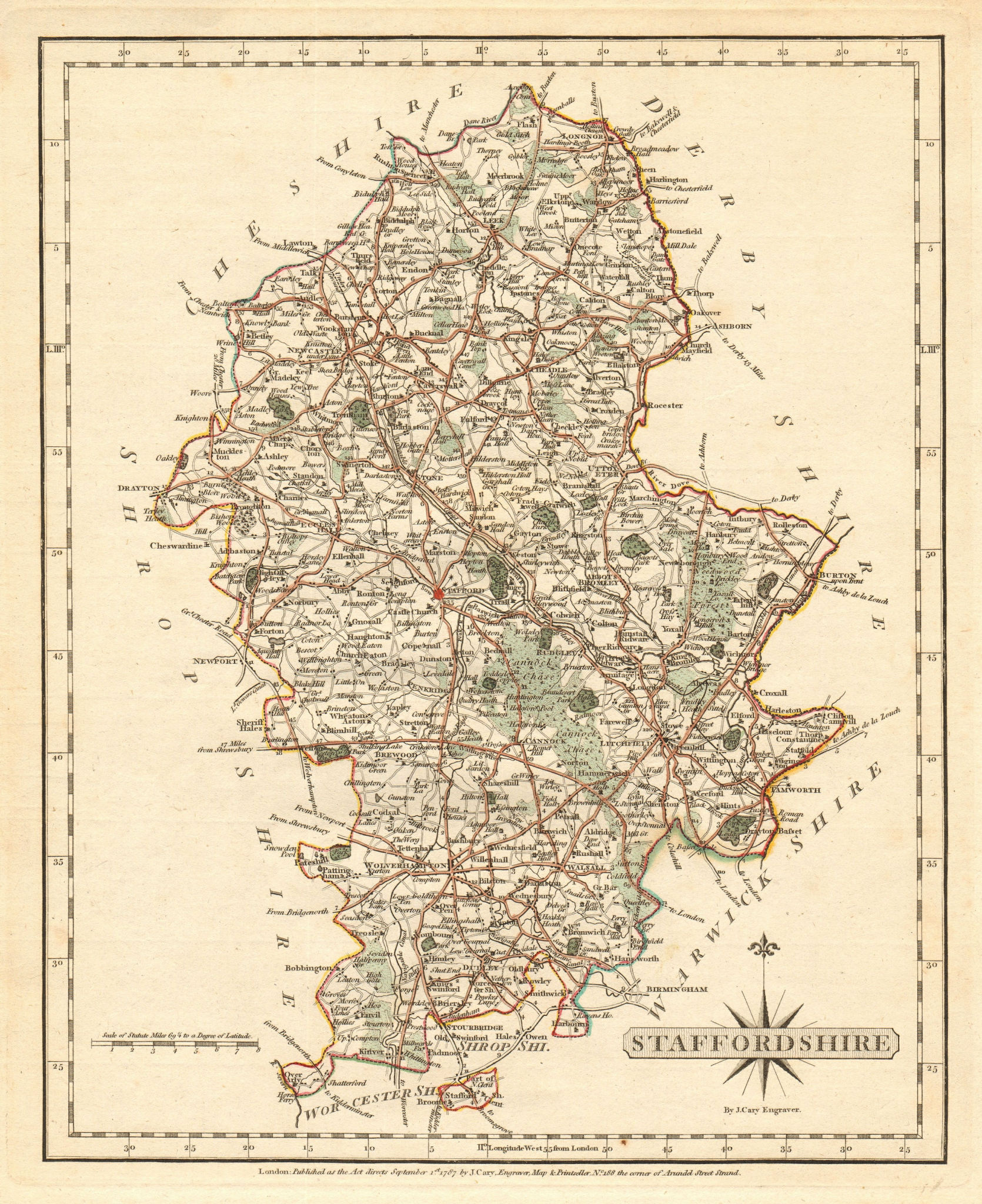 Associate Product Antique county map of STAFFORDSHIRE by JOHN CARY. Original outline colour 1787