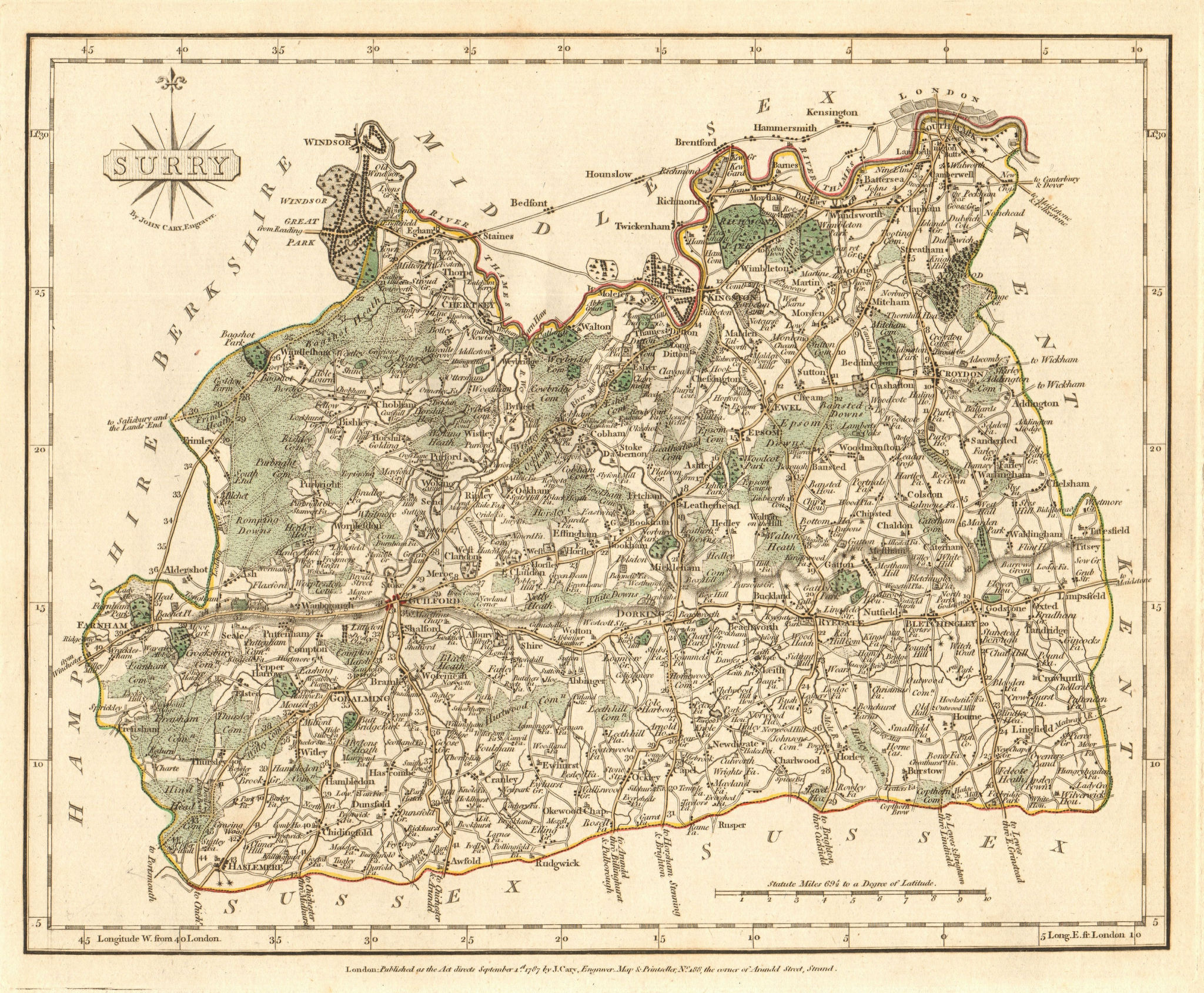 Antique county map of SURREY by JOHN CARY. Original outline colour 1787