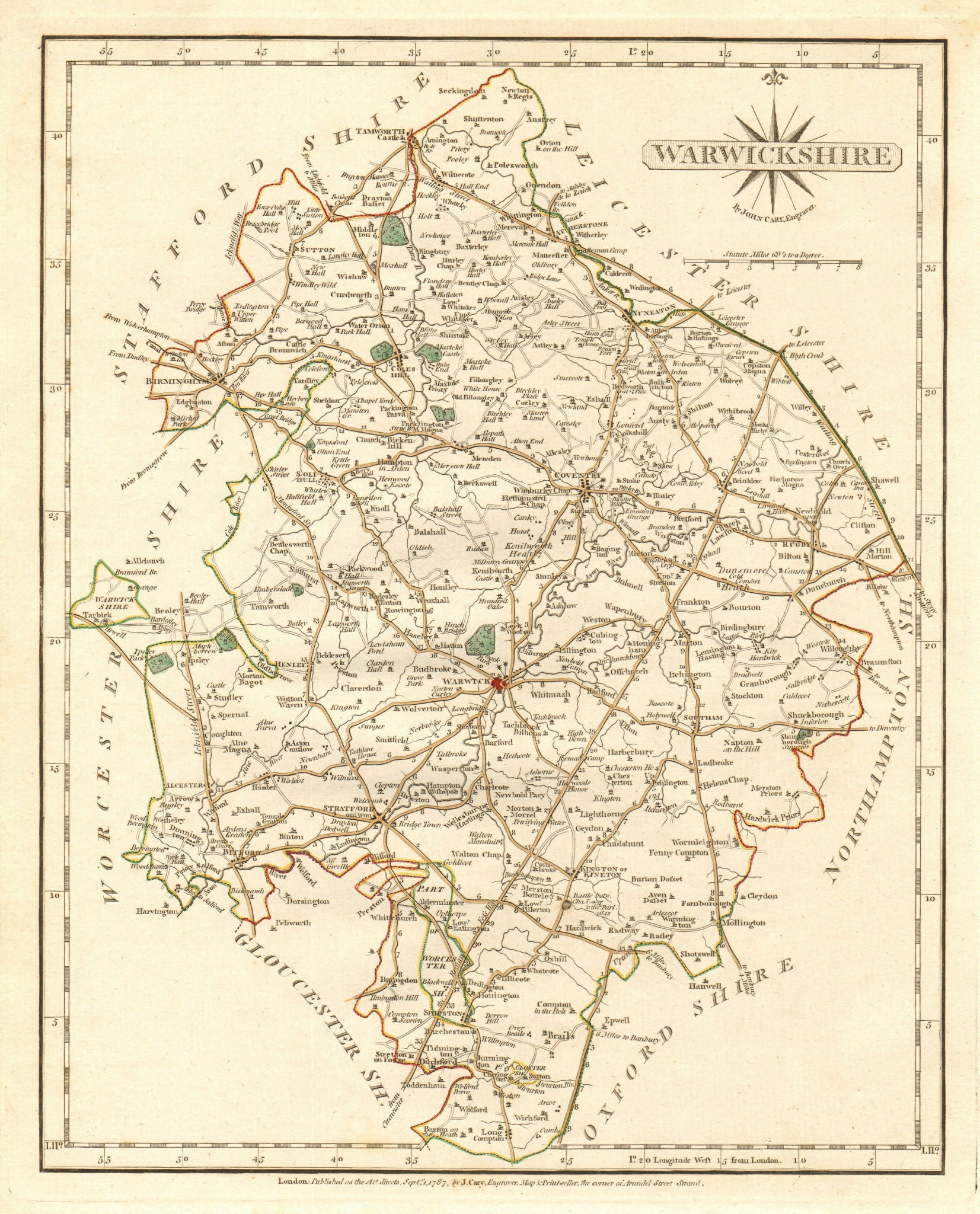 Associate Product Antique county map of WARWICKSHIRE by JOHN CARY. Original outline colour 1787