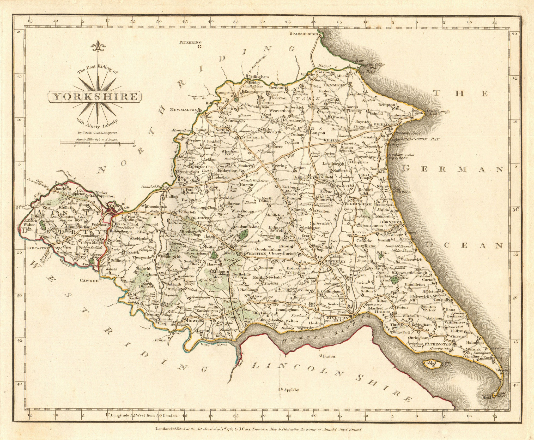 Associate Product EAST RIDING OF YORKSHIRE antique map by JOHN CARY. Original outline colour 1787