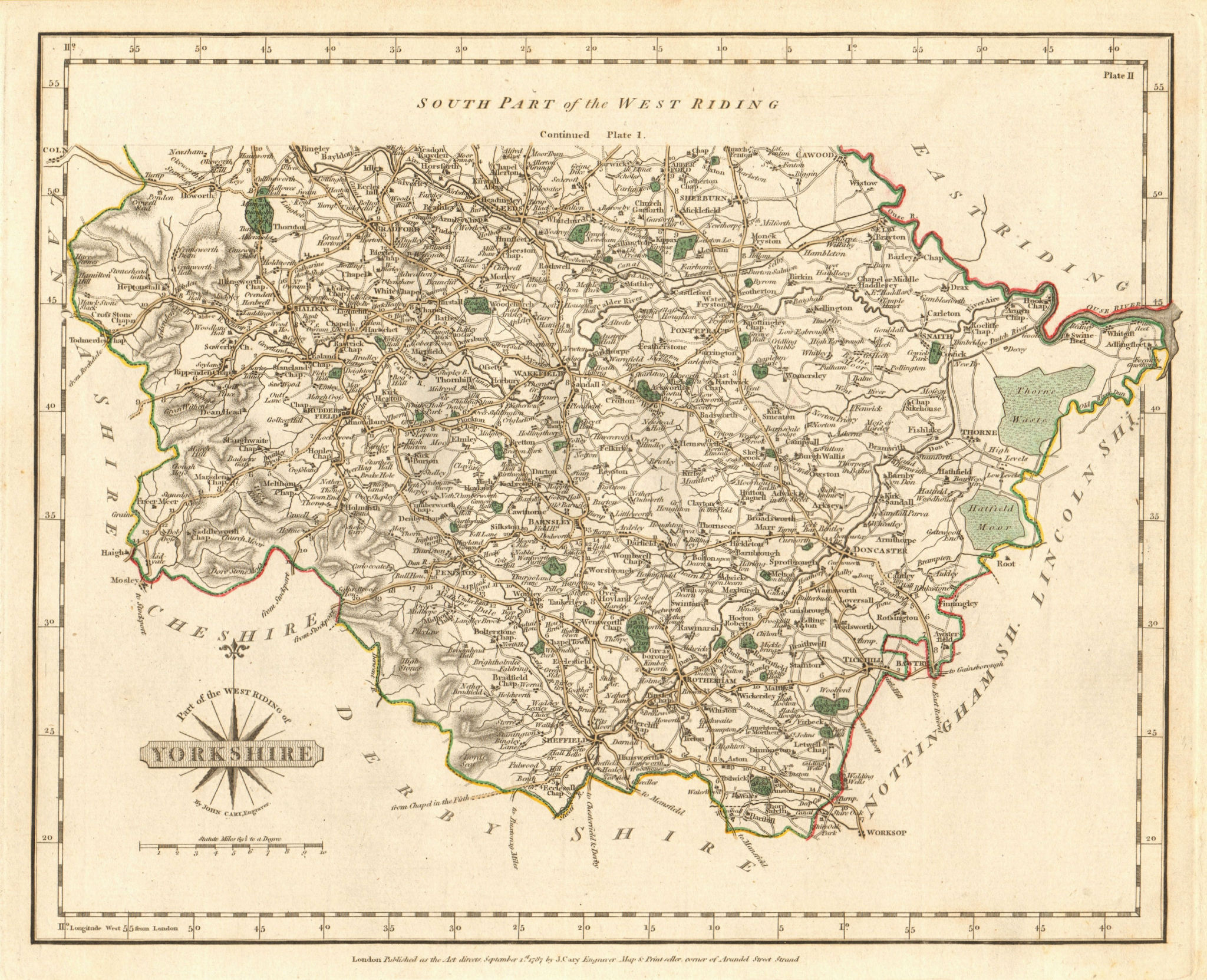 WEST RIDING OF YORKSHIRE-SOUTH antique map by JOHN CARY. Original colour 1787