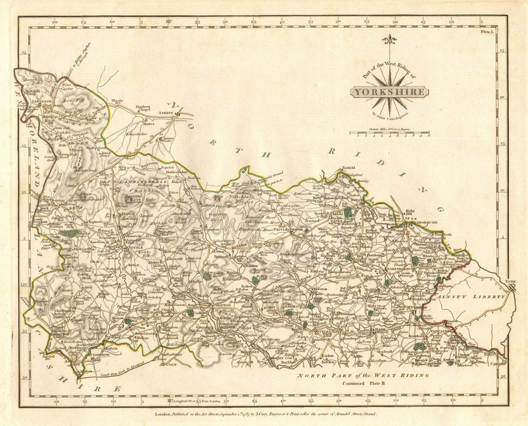Associate Product WEST RIDING OF YORKSHIRE-NORTH antique map by JOHN CARY. Original colour 1787