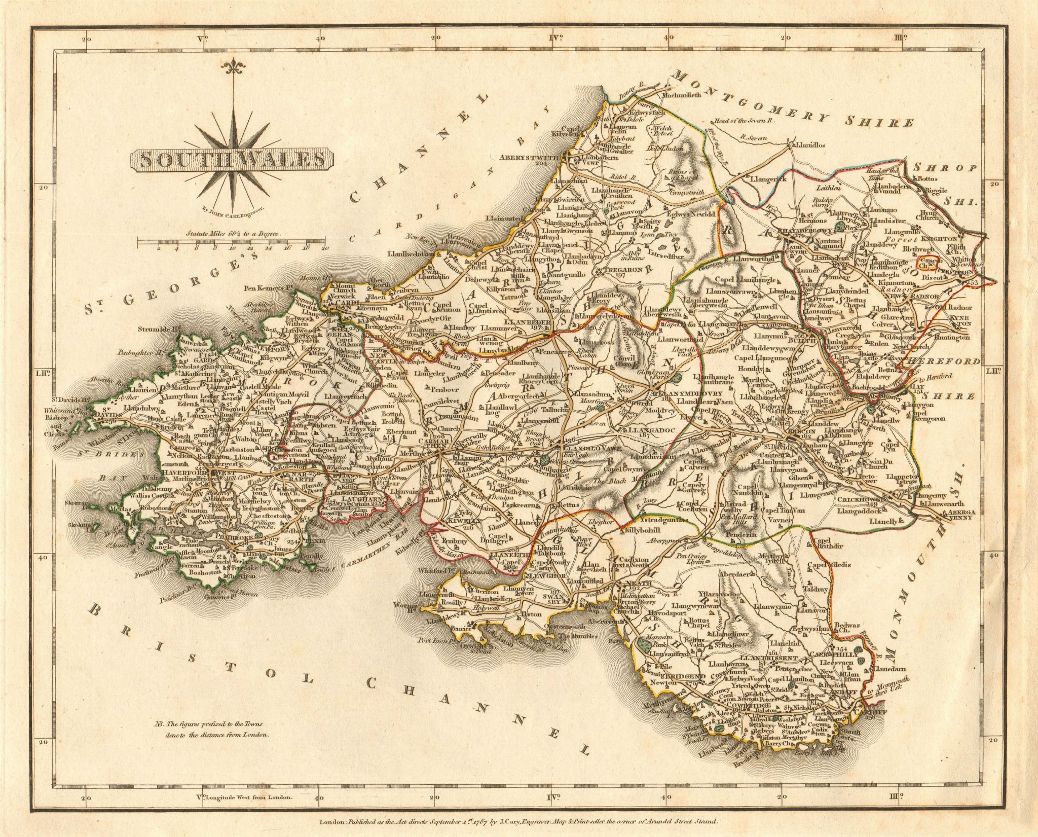 Antique map of SOUTH WALES by JOHN CARY. Original outline colour 1787 old