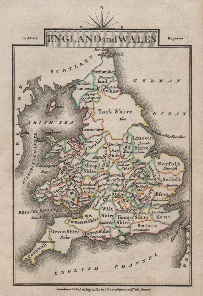 Associate Product ENGLAND AND WALES by John CARY. Miniature antique map. Original colour 1812